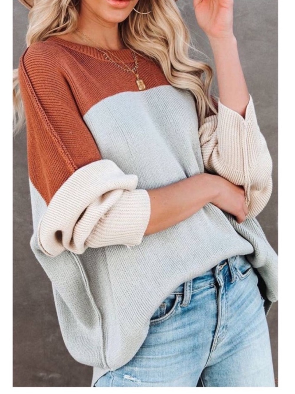 VICI Colorblock Crewneck Sweater in Rust, Gray & Cream